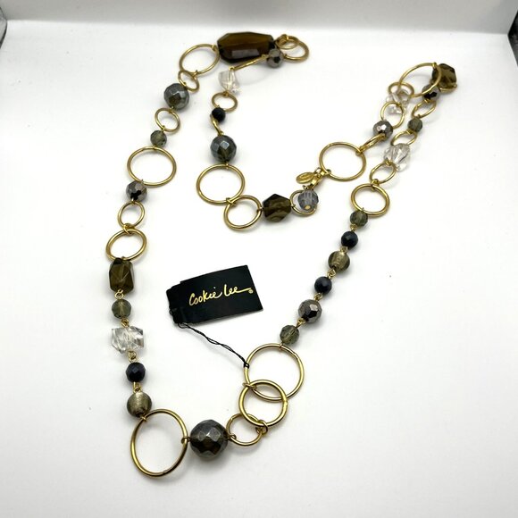 Cookie Lee Gold-Tone Chain Necklace W/ Mixed Beads & Rings Long Length Layered‎ - Picture 1 of 9